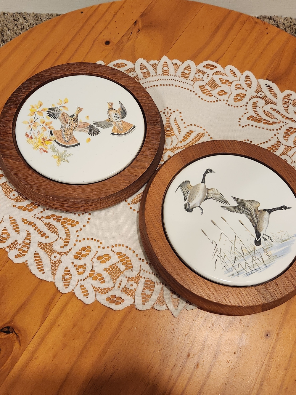 SET OF TWO Wood And Metal Wall Trivets Canadian Geese And Ring-necked Pheasants